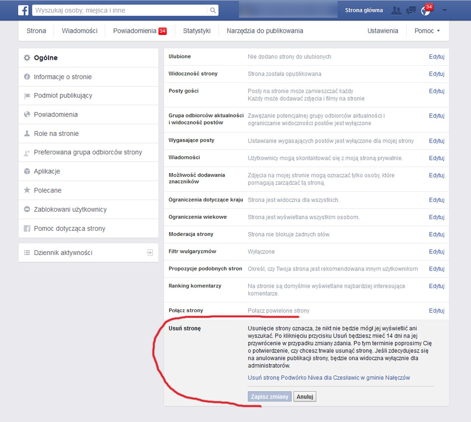 jak usunąć z facebooka fanpage naszej strony www Lublin