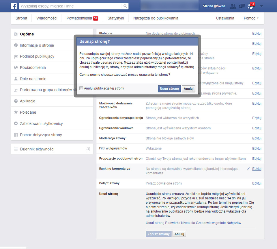 jak usunąć z facebooka fanpage naszej strony www Lublin