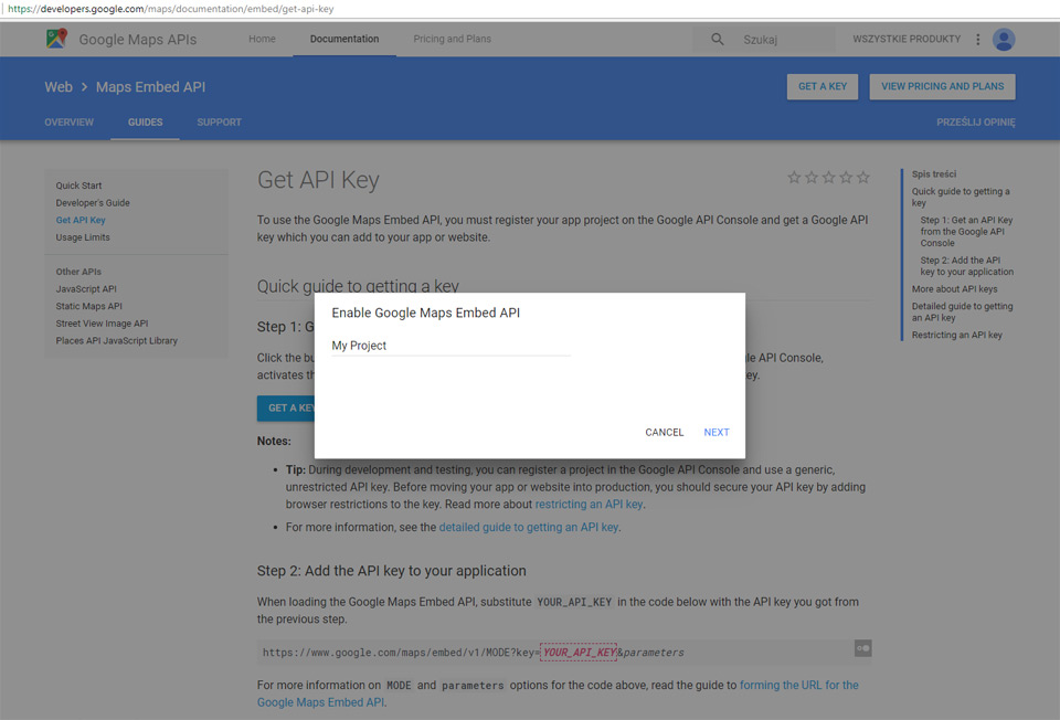 ID dla Mapy google - strony www Lublin - Maps Api Key
