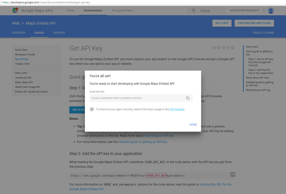 ID dla Mapy google - strony www Lublin - Maps Api Key