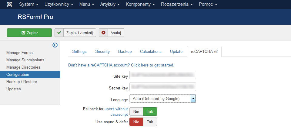 RSFormPro z reCAPTCHA - konfiguracja dla strony www internetowe Lublin na Joomla 3