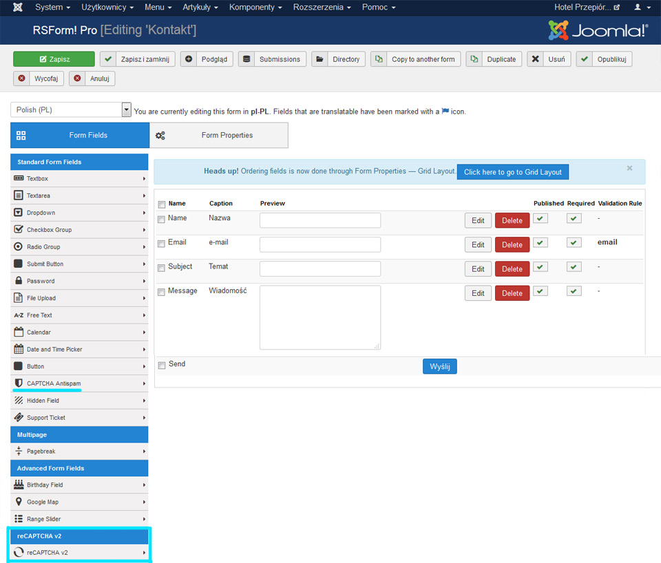 RSFormPro z reCAPTCHA - konfiguracja dla strony www internetowe Puławy na Joomla 3