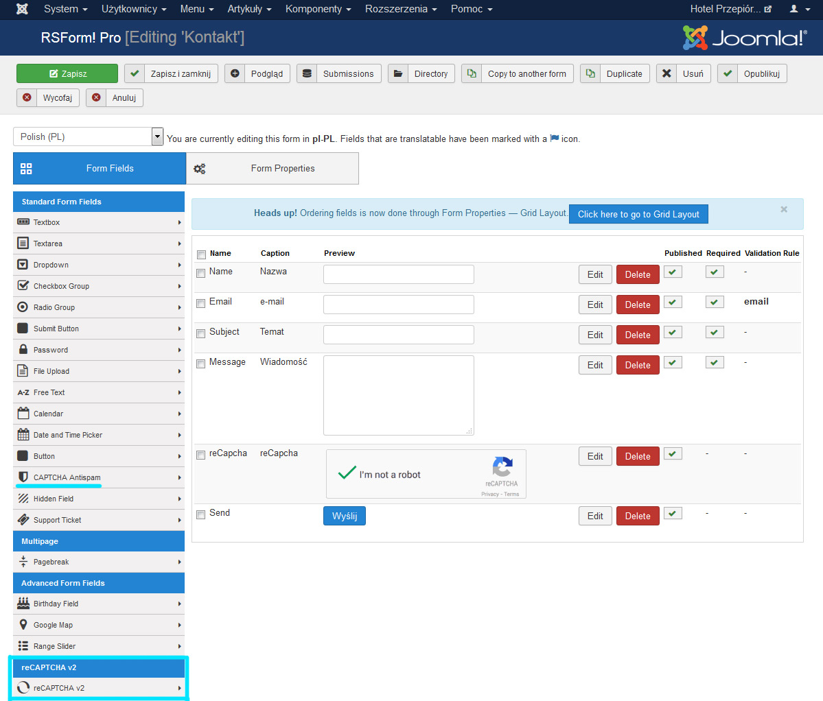 RSFormPro z reCAPTCHA - konfiguracja dla strony www internetowe Puławy na Joomla 3