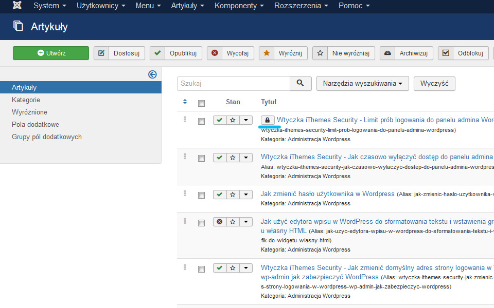 joomla, artykuł, kłódka, zablokowany
