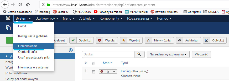 joomla, artykuł, kłódka, zablokowany