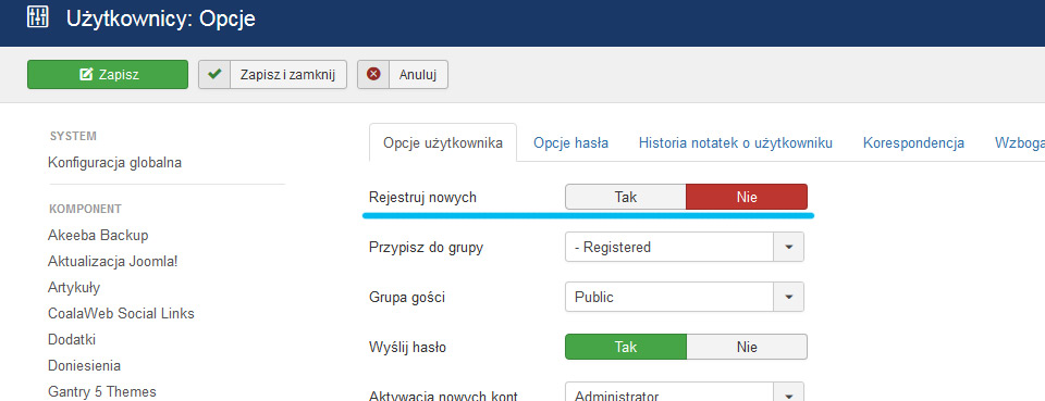 joomla, użytkownicy, blokowanie