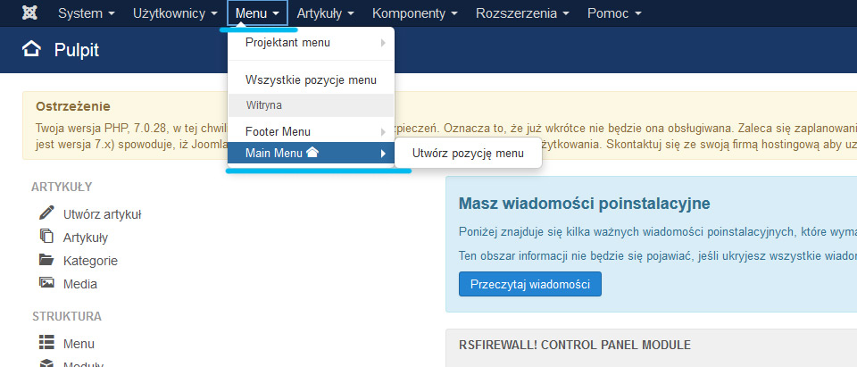 joomla, menu, slowa kluczowe