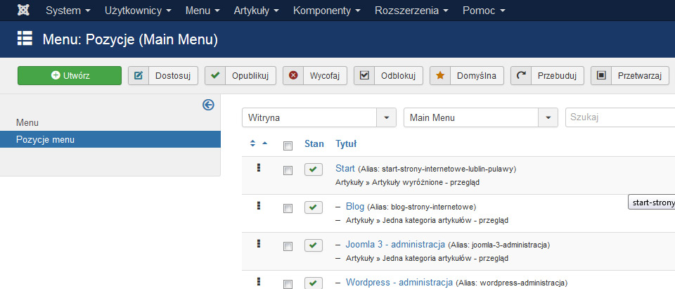 joomla, menu, slowa kluczowe