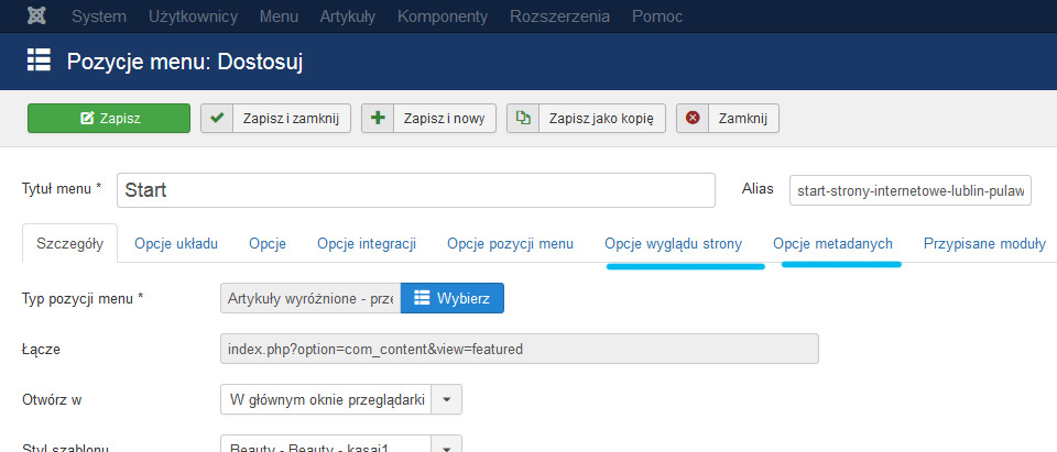 joomla, menu, slowa kluczowe