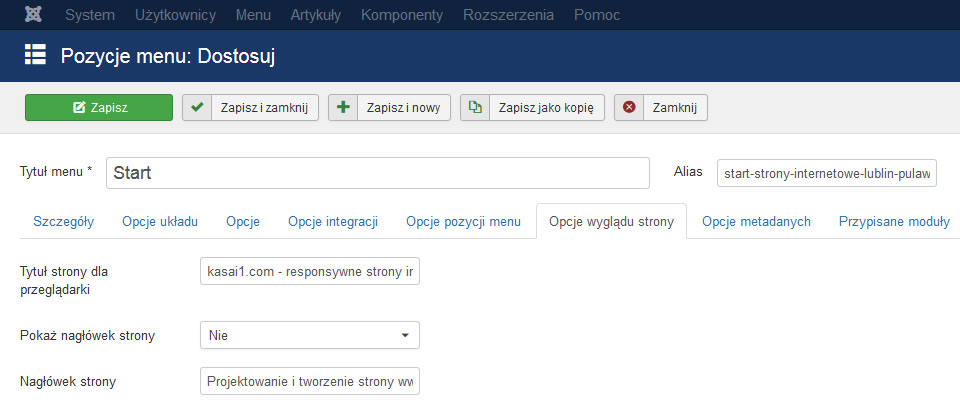 joomla, menu, slowa kluczowe