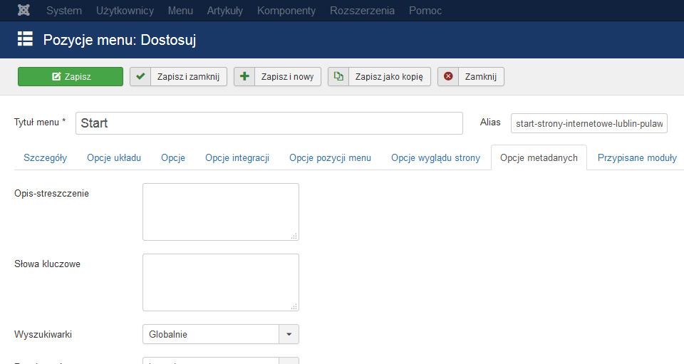 joomla, menu, slowa kluczowe